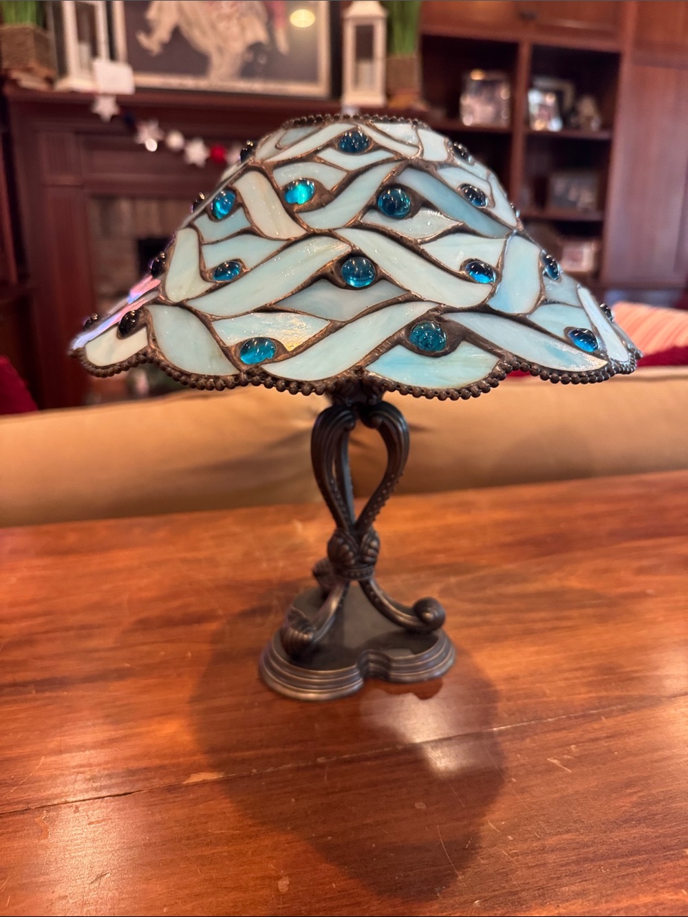 PartyLite Spring Water Stained Glass Shade Candle Holder Brass Base Retired